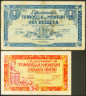 TORROELLA DE MONTGRI (GERONA). 50 Céntimos y 1 Peseta. 12 de Noviembre de 1937. (González: 10397, 10398). MBC.