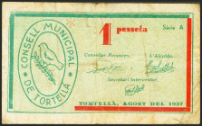 TORTELLA (GERONA). 1 Peseta. Agosto 1937. Serie A. (González: 10407). Inusual. BC+.