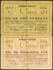 TOSSA (GERONA). 50 Céntimos y 1 Peseta. 31 de Mayo de 1937. Serie A, ambos. (González: 10421, 10422). BC.