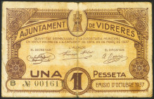 VIDRERES (GERONA). 1 Peseta. Octubre 1937. Serie B. (González: 10650). Inusual. BC.