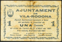 VILA-RODONA (TARRAGONA). 1 Peseta. 24 de Abril de 1937. (González: 10661). Raro. BC+.