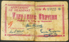 VILADEMAT (GERONA). 25 Céntimos. (1937ca). Serie A. (González: 10698). Inusual, reconstruido con cinta adhesiva. RC.