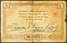 VILOVI D´ONYAR (GERONA). 1 Peseta. 1 de Julio de 1937. (González: 10904). BC-.
