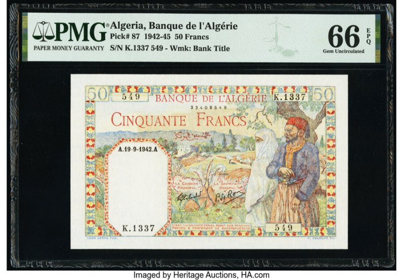 Algeria Banque de l'Algerie 50 Francs 19.9.1942 Pick 87 PMG Gem Uncirculated 66 ...