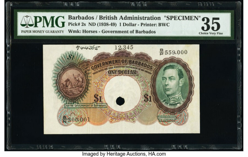 Barbados Government of Barbados 1 Dollar ND (1938-49) Pick 2s Specimen PMG Choic...