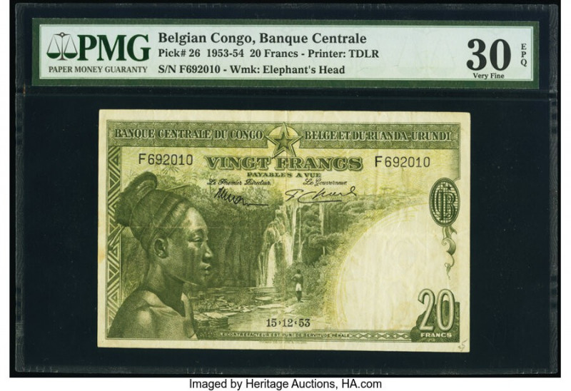 Belgian Congo Banque Centrale du Congo Belge 20 Francs 15.12.1953 Pick 26 PMG Ve...