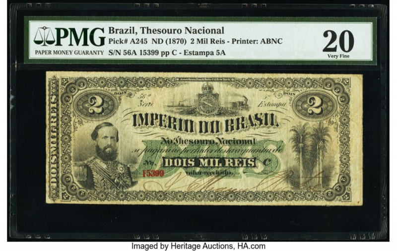 Brazil Thesouro Nacional 2 Mil Reis ND (1870) Pick A245 PMG Very Fine 20. Minor ...