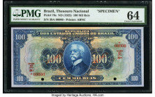 Brazil Thesouro Nacional 100 Mil Reis ND (1925) Pick 70s Specimen PMG Choice Uncirculated 64. Red Specimen overprints, two POCs and printer's annotati...