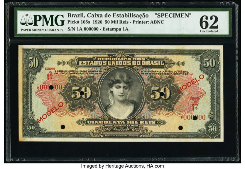 Brazil Caixa de Estabilizacao 50 Mil Reis 18.12.1926 Pick 105s Specimen PMG Unci...