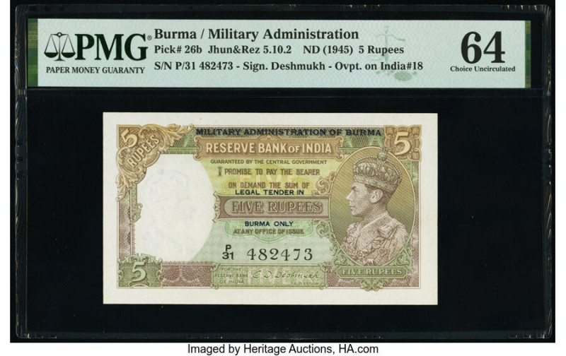 Burma Military Administration 5 Rupees ND (1945) Pick 26b Jhun5.10.2 PMG Choice ...