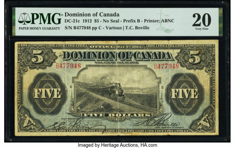 Canada Dominion of Canada $5 1.5.1912 DC-21c PMG Very Fine 20. Splits are noted ...