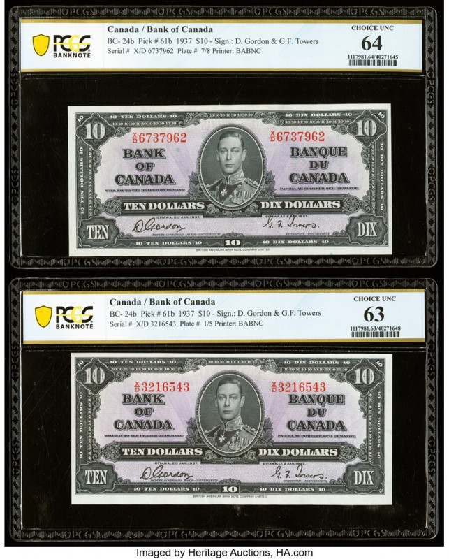 Canada Bank of Canada $10 2.1.1937 BC-24b Two Examples PCGS Banknote Choice UNC ...