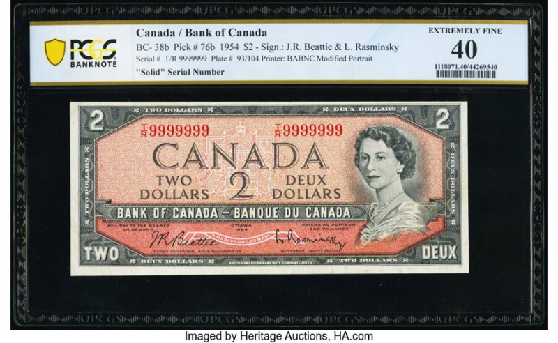 Solid Serial Number 9999999 Canada Bank of Canada $2 1954 BC-38b PCGS Banknote E...