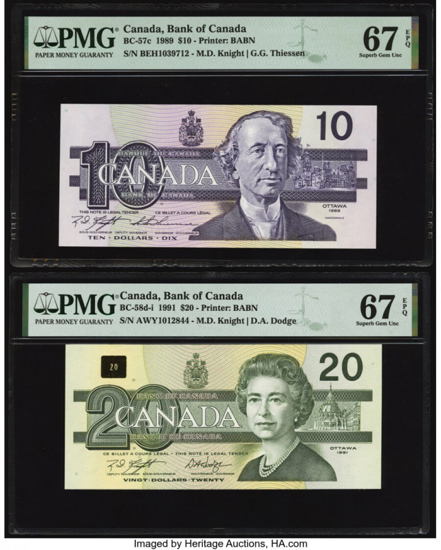 Canada Bank of Canada $10; 20 1989; 1991 BC-57c; BC-58d-i Two Examples PMG Super...
