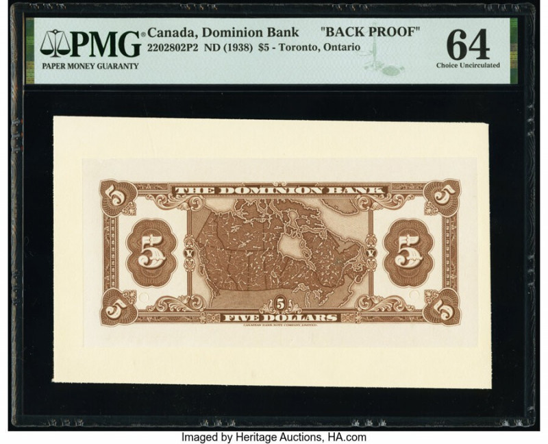 Canada Toronto, ON- Dominion Bank $5 3.1.1938 Ch.# 220-28-02P2 Back Proof PMG Ch...