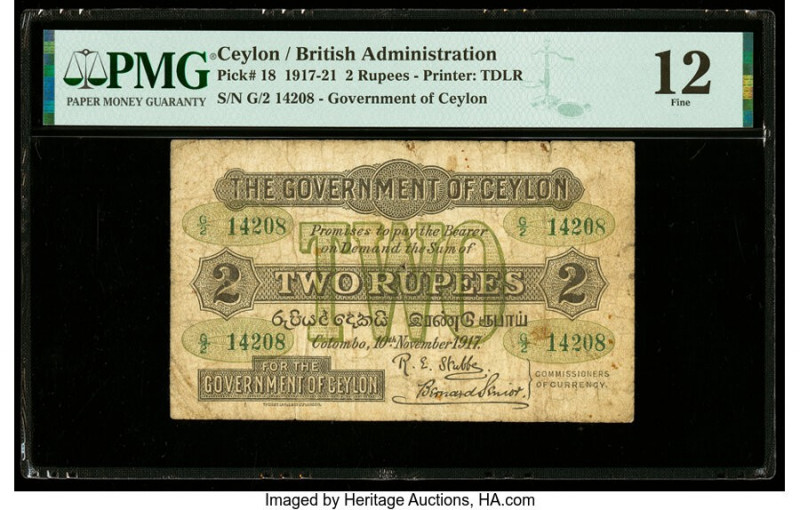 Ceylon Government of Ceylon 2 Rupees 10.11.1917 Pick 18 PMG Fine 12. Stains are ...