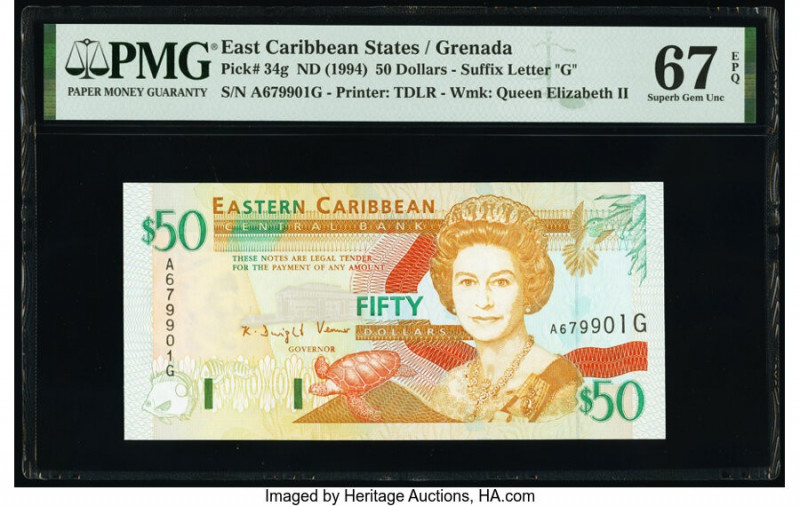 East Caribbean States Central Bank, Grenada 50 Dollars ND (1994) Pick 34g PMG Su...