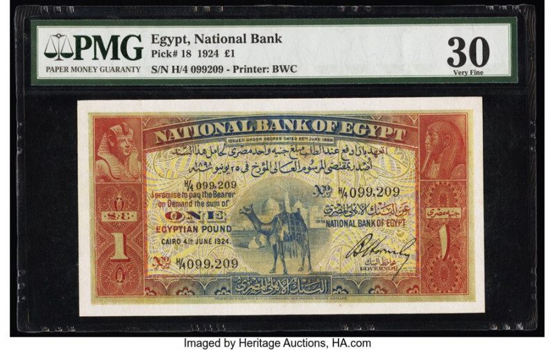 Egypt National Bank of Egypt 1 Pound 4.6.1924 Pick 18 PMG Very Fine 30. Minor re...