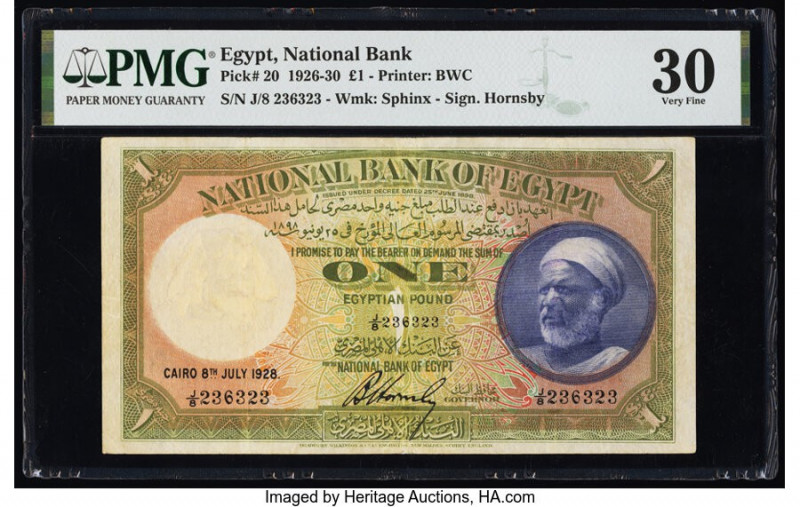 Egypt National Bank of Egypt 1 Pound 8.7.1928 Pick 20 PMG Very Fine 30. Minor re...