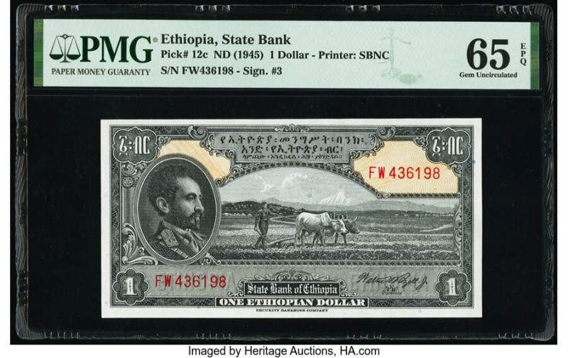 Ethiopia State Bank of Ethiopia 1 Dollar ND (1945) Pick 12c PMG Gem Uncirculated...