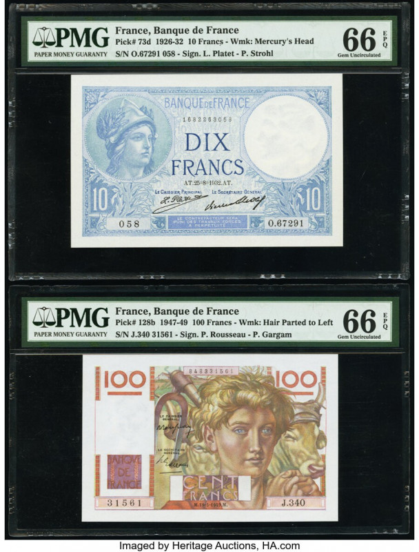 France Banque de France 10; 100 Francs 25.8.1932; 19.5.1949 Pick 73d; 128b Two E...