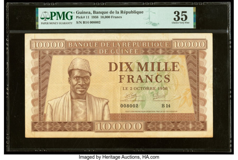 Guinea Banque de la Republique de Guinee 10,000 Francs 2.10.1958 Pick 11 PMG Cho...