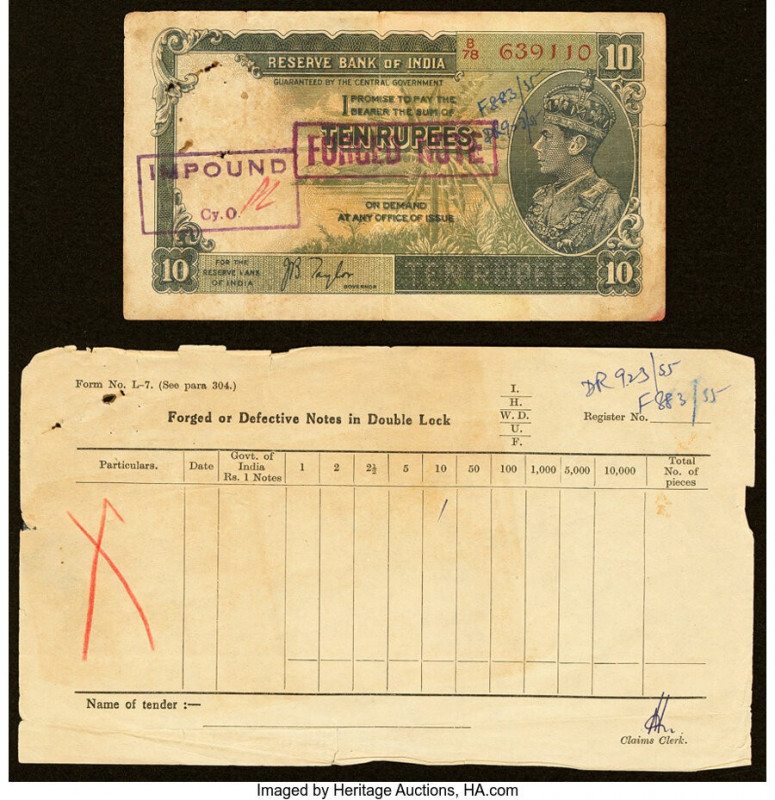 India Reserve Bank of India Archival Counterfeit 10 Rupees and Register Record T...