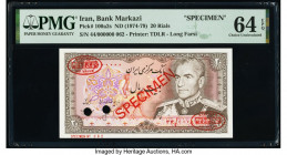 Iran Bank Markazi 20 Rials ND (1974-79) Pick 100a2s Specimen PMG Choice Uncirculated 64 EPQ. Red Specimen & TDLR overprints and two POCs are present o...