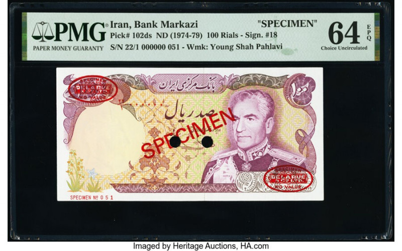 Iran Bank Markazi 100 Rials ND (1974-79) Pick 102ds Specimen PMG Choice Uncircul...