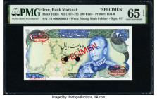 Iran Bank Markazi 200 Rials ND (1974-79) Pick 103ds Specimen PMG Gem Uncirculated 65 EPQ. Red Specimen & TDLR overprints and two POCs are present on t...