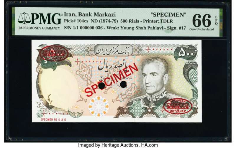 Iran Bank Markazi 500 Rials ND (1974-79) Pick 104cs Specimen PMG Gem Uncirculate...