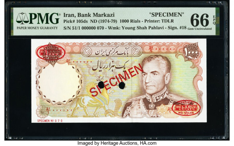 Iran Bank Markazi 1000 Rials ND (1974-79) Pick 105ds Specimen PMG Gem Uncirculat...