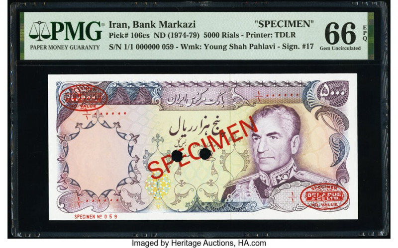 Iran Bank Markazi 5000 Rials ND (1974-79) Pick 106cs Specimen PMG Gem Uncirculat...