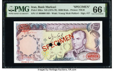 Iran Bank Markazi 5000 Rials ND (1974-79) Pick 106cs Specimen PMG Gem Uncirculated 66 EPQ. Red Specimen & TDLR overprints and two POCs are present on ...