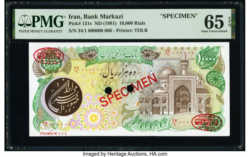 Iran Bank Markazi 10,000 Rials ND (1981) Pick 131s Specimen PMG Gem Uncirculated...