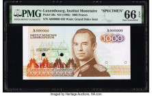 Luxembourg Institut Monetaire Luxembourgeois 1000 Francs ND (1985) Pick 59s Specimen PMG Gem Uncirculated 66 EPQ. Red Specimen overprints and two POCs...