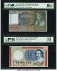 Netherlands Netherlands Bank 10 Gulden 16.4.1942; 23.3.1953 Pick 56b; 85 Two Examples PMG Gem Uncirculated 66 EPQ; Choice Very Fine 35. A split is not...
