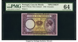 Portugal Casa de Moeda 5 Escudos 11.3.1943 Pick UNL5as PMG Choice Uncirculated 64. A perforated Specimen punch and printer's annotations are present o...