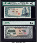 South Korea Bank of Korea 100; 500 Won ND (1965; 1966) Pick 38A* Replacement; 39a Two Examples PMG Gem Uncirculated 65 EPQ; Superb Gem Unc 67 EPQ. 

H...