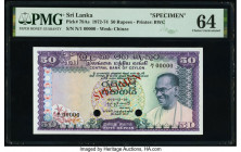 Sri Lanka Central Bank of Ceylon 50 Rupees 28.12.1972 Pick 79As Specimen PMG Choice Uncirculated 64. Red Specimen overprints and two POCs are present ...