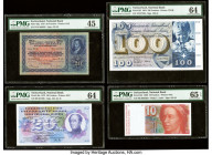 Switzerland National Bank 20 (2); 100; 10 Franken 16.10.1947; 7.3.1973; 2.4.1964; 1980 Pick 39p; 46u; 49f; 53b Four Examples PMG Choice Extremely Fine...
