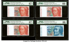 Switzerland National Bank 10 (3); 20 Franken 1979; 1980; 1990; 1982 Pick 53a; 53b; 53h; 55d Four Examples PMG Superb Gem Unc 67 EPQ (2); Gem Uncircula...