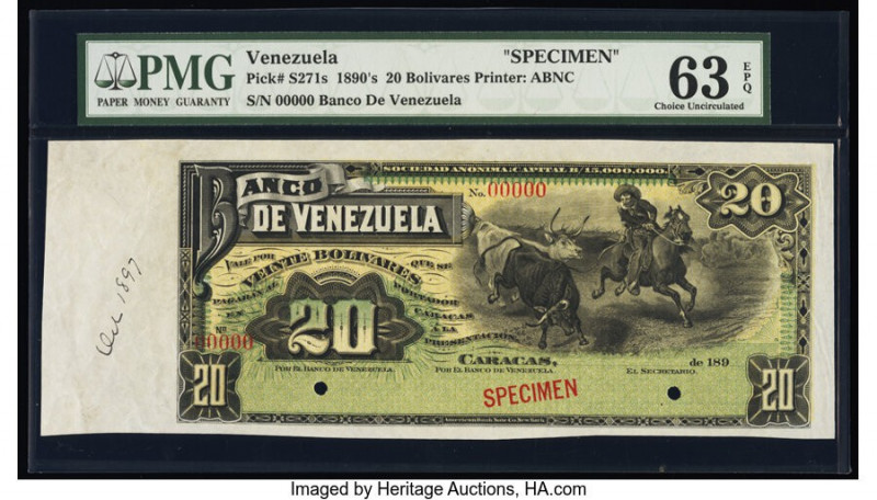 Venezuela Banco de Venezuela 20 Bolivares ND (ca. 1897) Pick S271s Specimen PMG ...