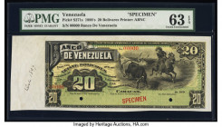 Venezuela Banco de Venezuela 20 Bolivares ND (ca. 1897) Pick S271s Specimen PMG Choice Uncirculated 63 EPQ. Red Specimen overprints and two POCs are p...