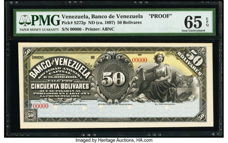 Venezuela Banco de Venezuela 50 Bolivares ND (ca. 1897) Pick S272p Proof PMG Gem...