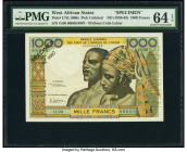 West African States Banque Centrale des Etats de L'Afrique de L'Ouest 1000 Francs ND (1959-65) Pick UNL1000s Specimen PMG Choice Uncirculated 64 EPQ. ...