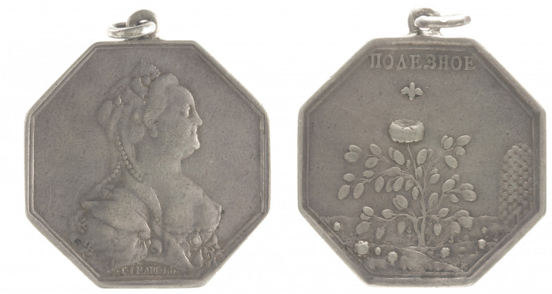 Catherine II. For usefulness. 
Silver octagonal award medal. Signed by T. Ivano...