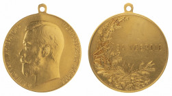 Nicholas II. For Zeal. 
Gold award medal. Unsigned. Integrated loop. 51 mm. 74,5 gr. R2. VF/XF. Barac 182; Diakov 1138.1; Werlich 86-87.

Obverse w...