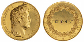 France: Exposition des produits de l’industrie, 1844.
Gold prize medal. Signed by F. Depaulis. 56,6 mm. 144,6 gr. Obverse UNC. Reverse with hairlines...