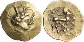 CELTIC, Northwest Gaul. Namnetes. Circa 150-100 BC. Stater (Electrum, 25 mm, 7.27 g, 3 h), from the area of Nantes. Male head to right, hair arranged ...